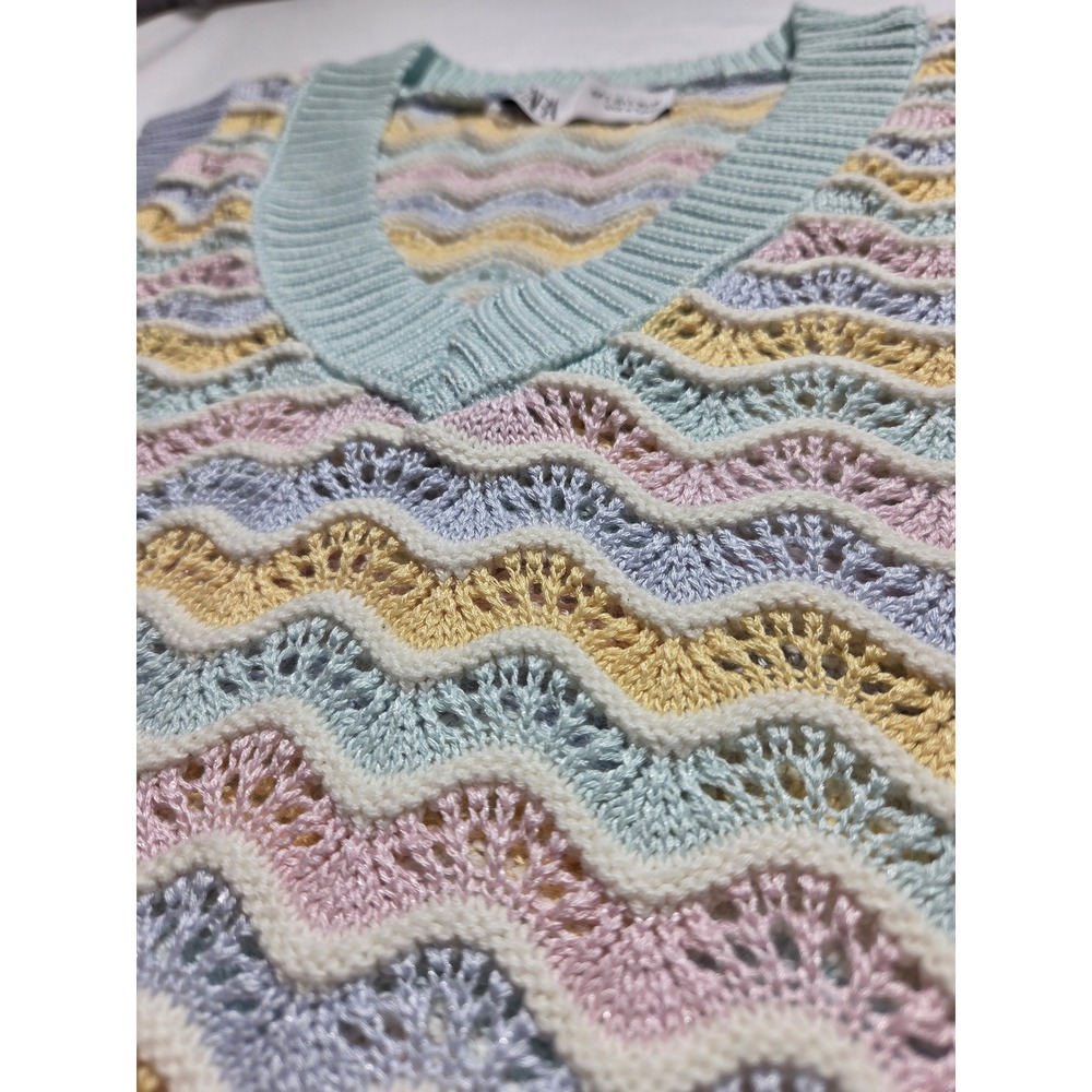 Zara Pastel Chevron Knit Sweater Vest V-Neck Sleeveless Multi Color Pointelle S - Picture 3 of 6